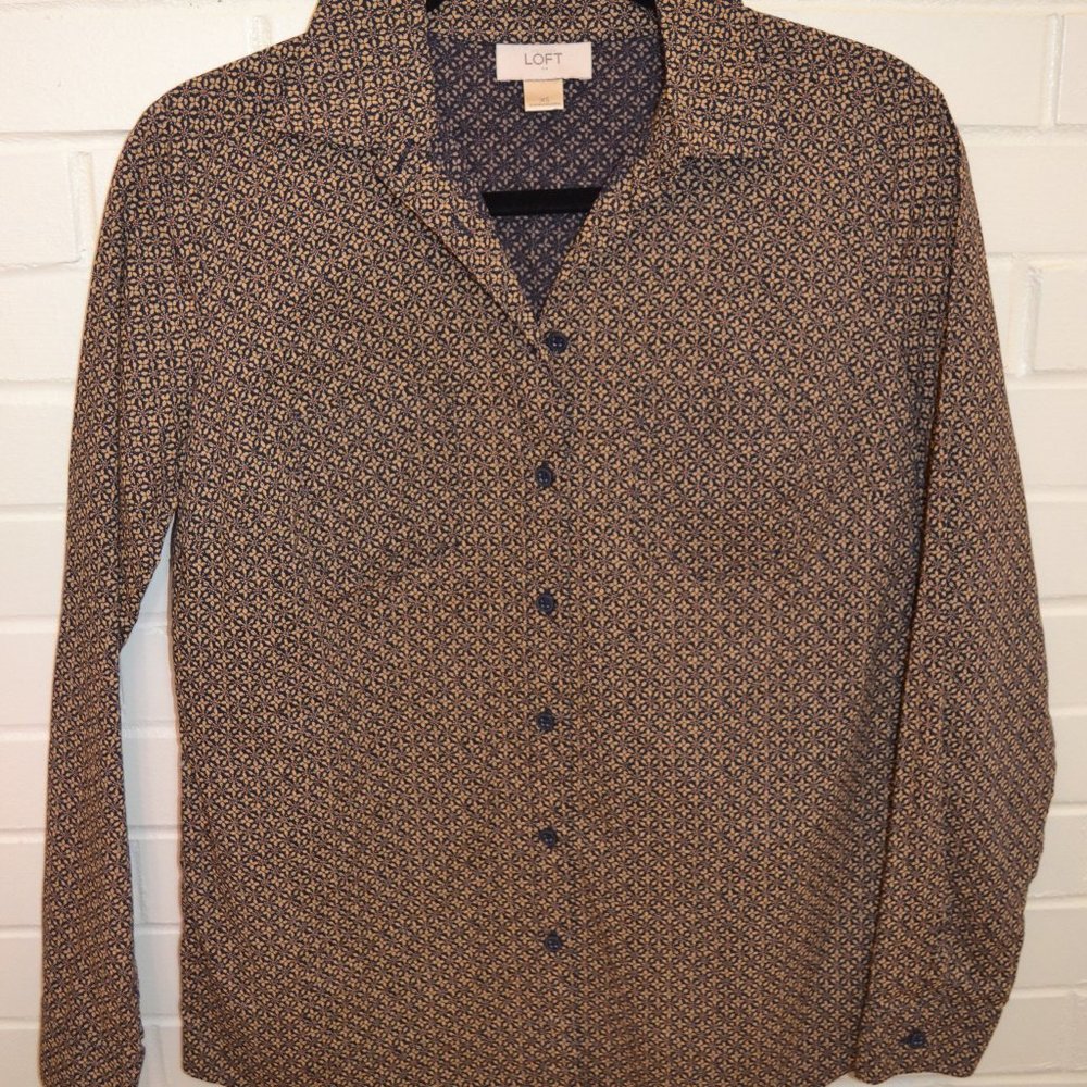 Loft Button Up Navy & Tan Blouse
